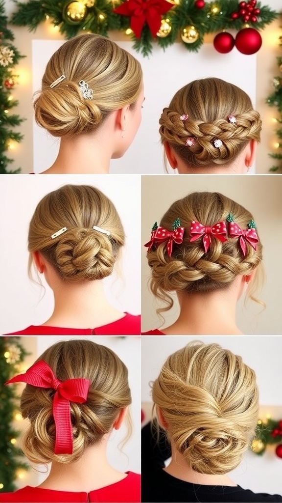 Festive Hairstyles for Christmas Celebrations Collage of Christmas hairstyles: updo, braided crown, half-up twist, and messy bun with festive decorations.